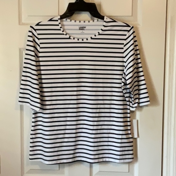 Lands’ End Nautical Horizontal Stripes Crew Neck Rash Guard UPE Swim Tee Size L - Picture 1 of 10